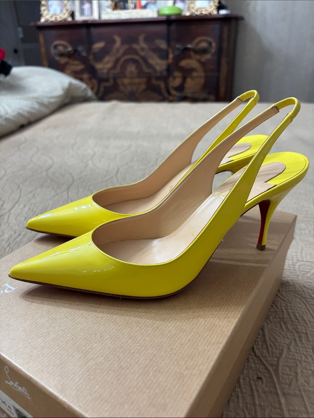 Authentic Christian Louboutin Yellow Patent Slingback Pointed Pumps